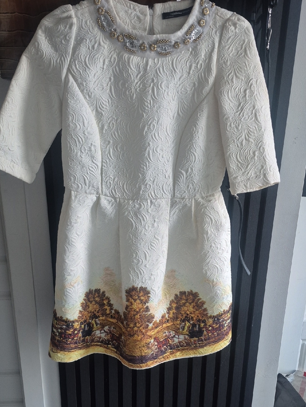 White Embroidered Knit Fit-and-Flare Dress with Scenic Hem